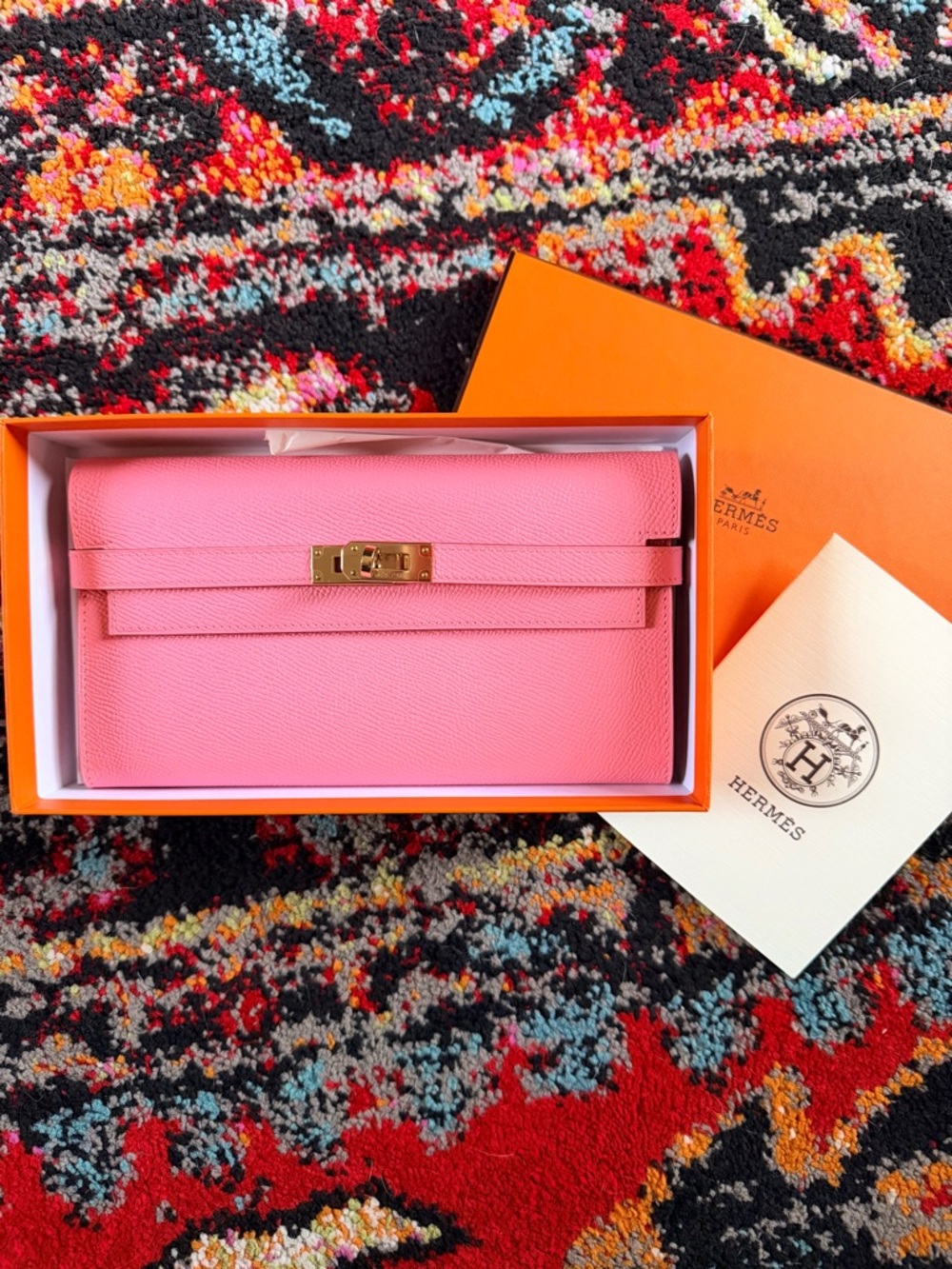 Hermes Rose Confetti Epsom Leather W/ Light Gold Hardware Kelly Longue Wallet
